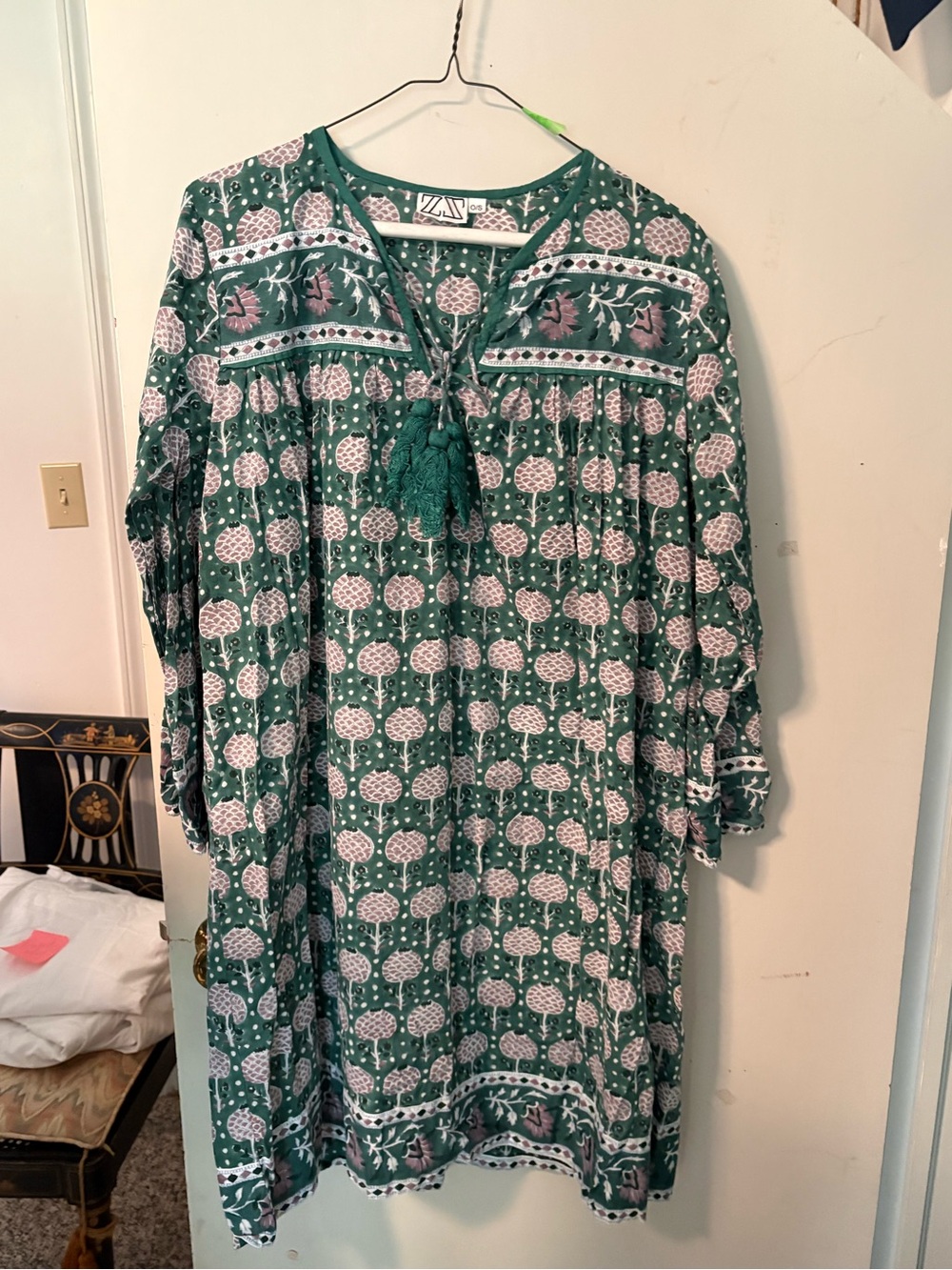 SZ Blocks Green Printed Boho Tassel Tunic Dress